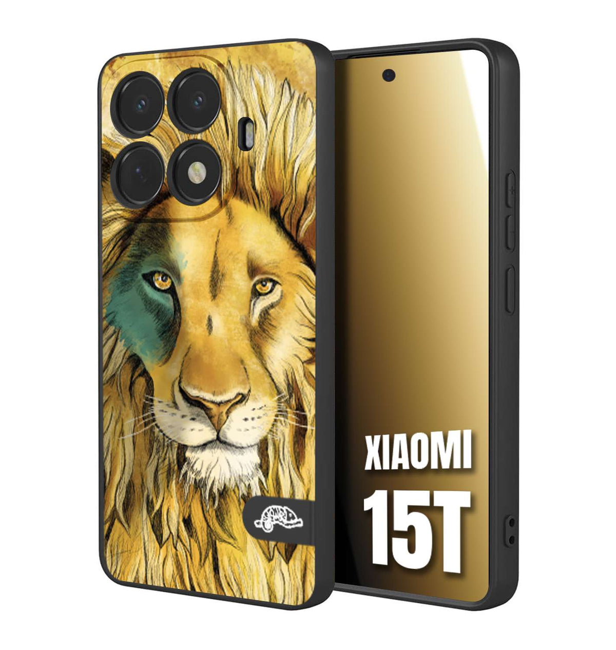CUSTOMIZZA - Custodia cover nera morbida in tpu compatibile per Xiaomi 15T leone lion disegnato a mano giallo blu a rilievo artistico brown