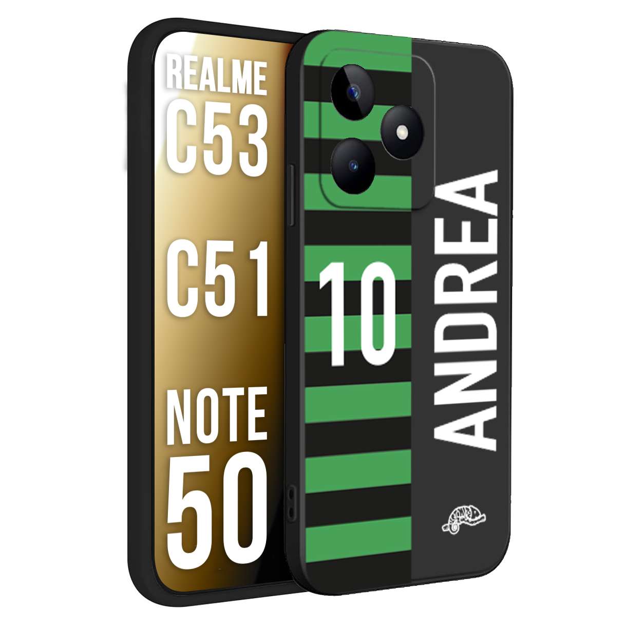 CUSTOMIZZA - Custodia cover nera morbida in tpu compatibile per Realme C53 - C51 - NOTE 50 personalizzata calcio football nome e numero calciatori neroverde