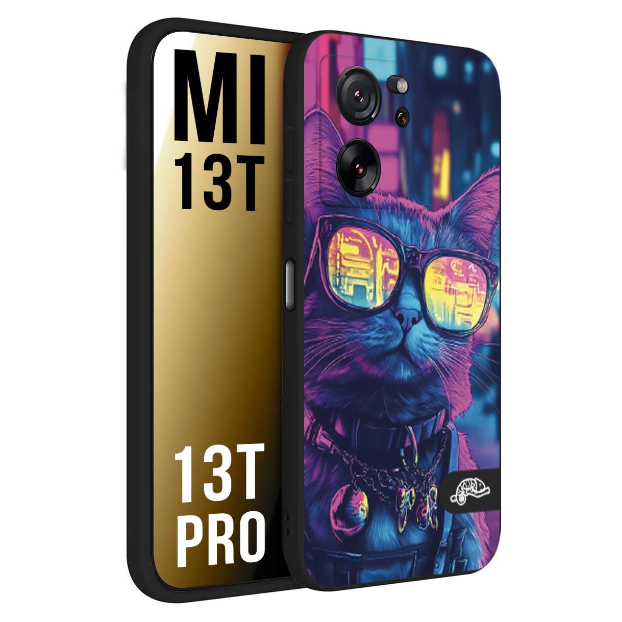CUSTOMIZZA - Custodia cover nera morbida in tpu compatibile per Xiaomi 13T - 13T PRO animali cyberpunk gatto street cat fucsia blu giallo