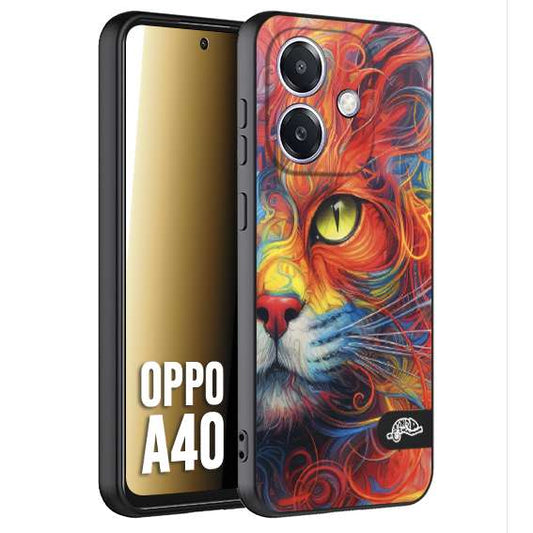 CUSTOMIZZA - Custodia cover nera morbida in tpu compatibile per Oppo A40 animali color cat gatto viso colori vibranti disegnato schizzo