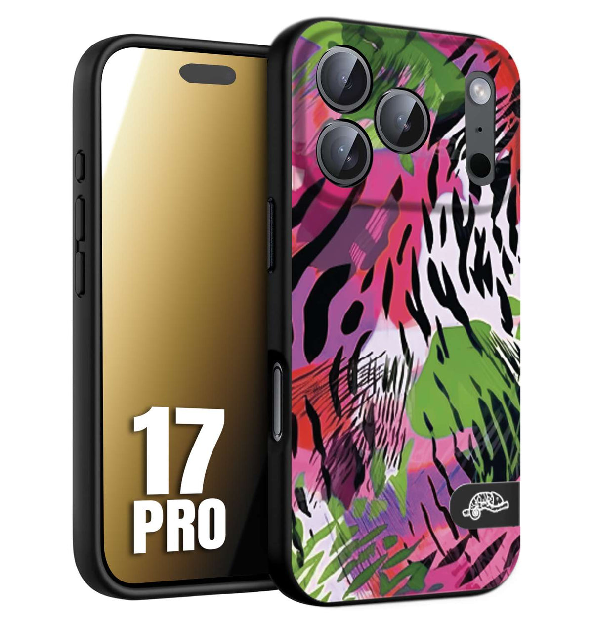 CUSTOMIZZA - Custodia cover nera morbida in tpu compatibile per iPhone 17 PRO leopardato tigrato tiger colorata summer color verde fucsia