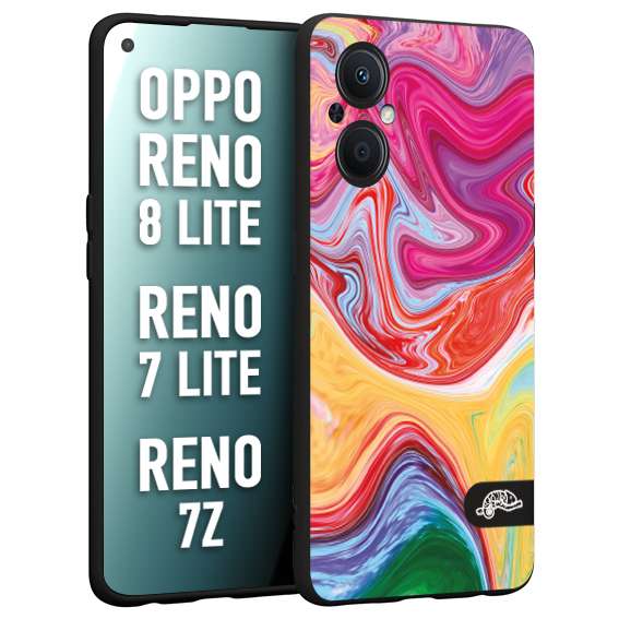 CUSTOMIZZA - Custodia cover nera morbida in tpu compatibile per Oppo Reno 7 Lite - 8 Lite - 7Z colorata fantasia vortice marmo onde verde fucsia gialla