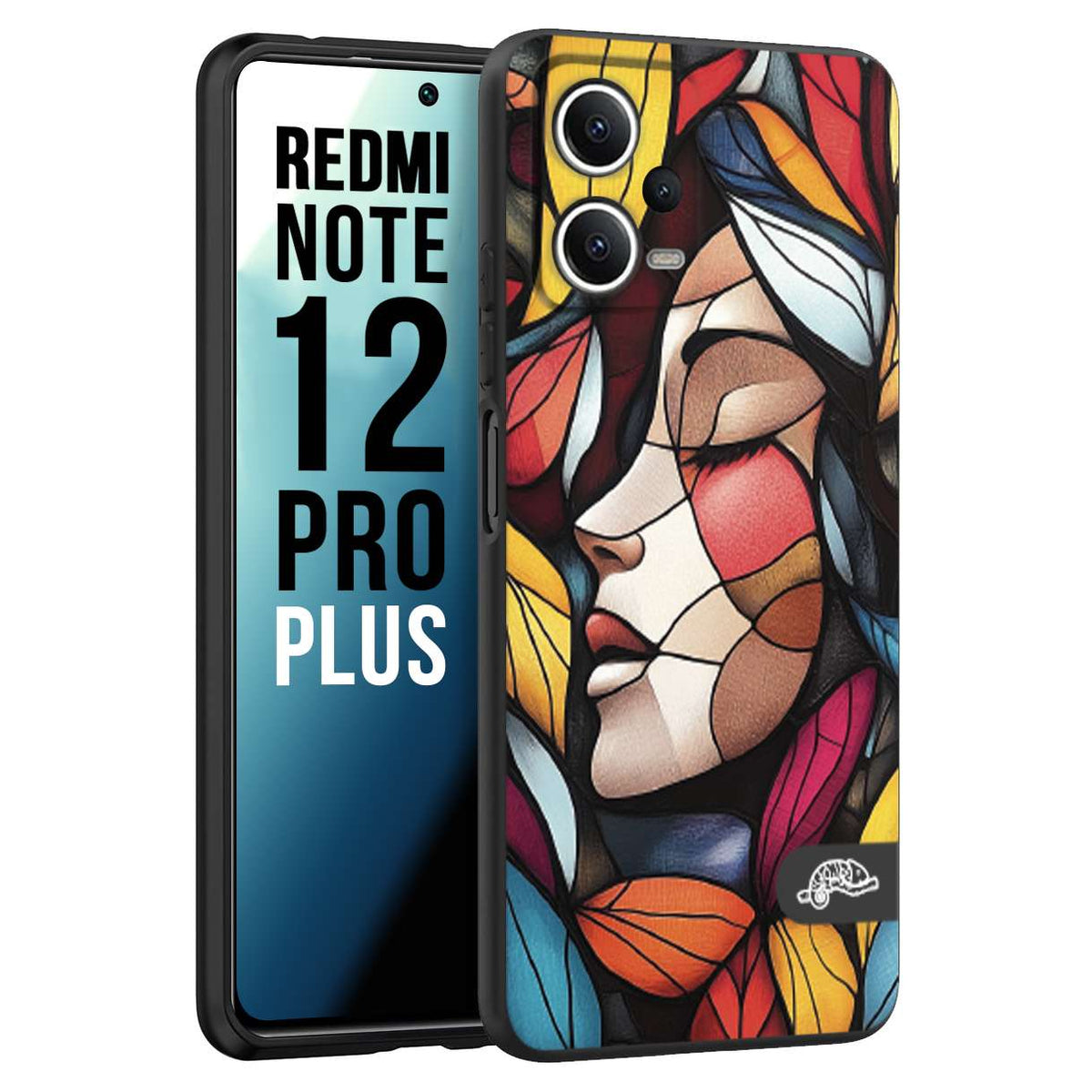 CUSTOMIZZA - Custodia cover nera morbida in tpu compatibile per Xiaomi Redmi Note 12 PRO PLUS Vetrata artistica volto di donna profilo fogliare mosaico di vetro colorato