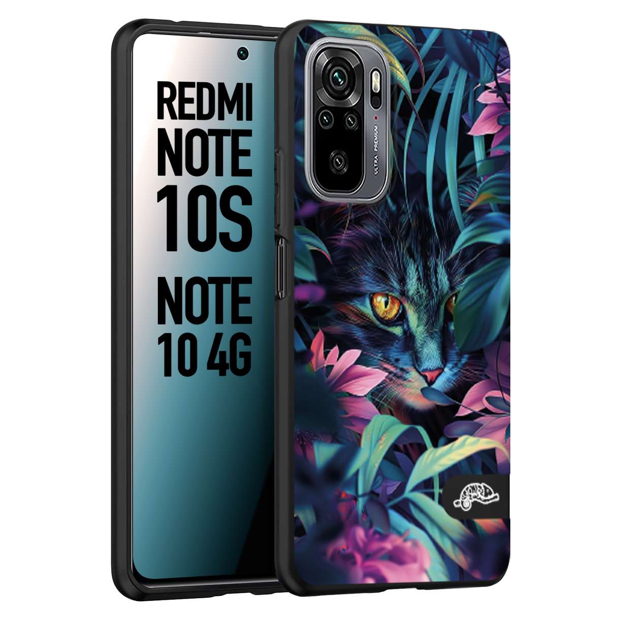 CUSTOMIZZA - Custodia cover nera morbida in tpu compatibile per Xiaomi Redmi Note 10S animali color giungla tropicale occhio di gatto colori vibranti disegnato