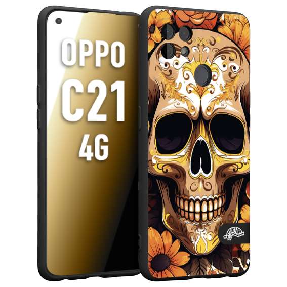 CUSTOMIZZA - Custodia cover nera morbida in tpu compatibile per Realme C21 4G teschio messicano colorato dorato fiori tattoo disegnato