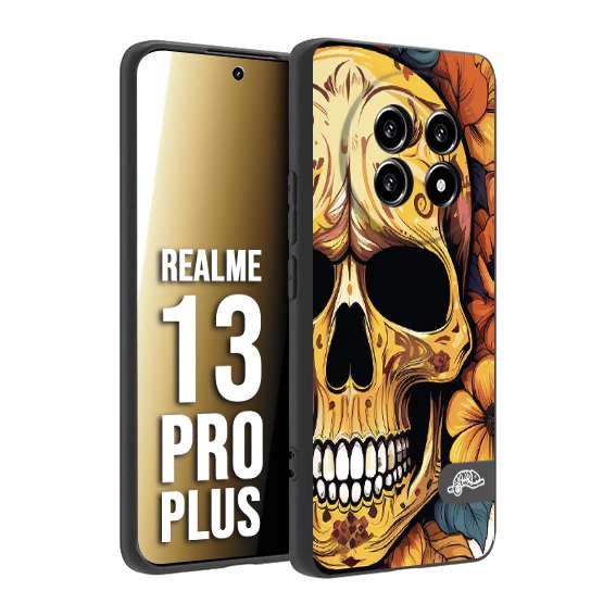 CUSTOMIZZA - Custodia cover nera morbida in tpu compatibile per Realme 13 PRO PLUS teschio messicano colorato dorato fiori autunnali disegnato