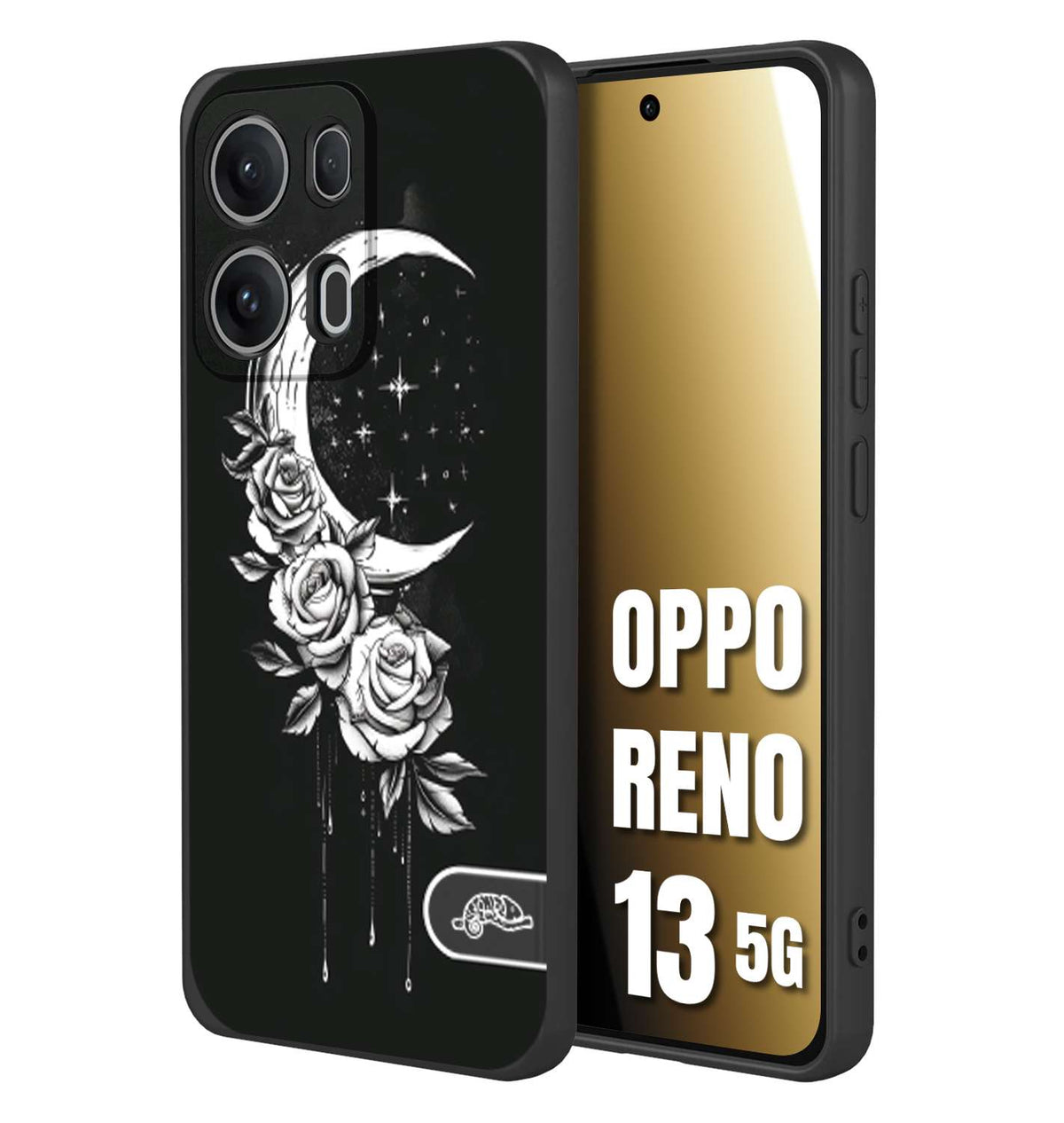 CUSTOMIZZA - Custodia cover nera morbida in tpu compatibile per Oppo Reno 13 5G luna e fiori moon flowers black and white bianco a rilievo disegnato