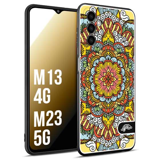 CUSTOMIZZA - Custodia cover nera morbida in tpu compatibile per Samsung M13 4G - M23 5G mandala colorato fiore nuvole arancione