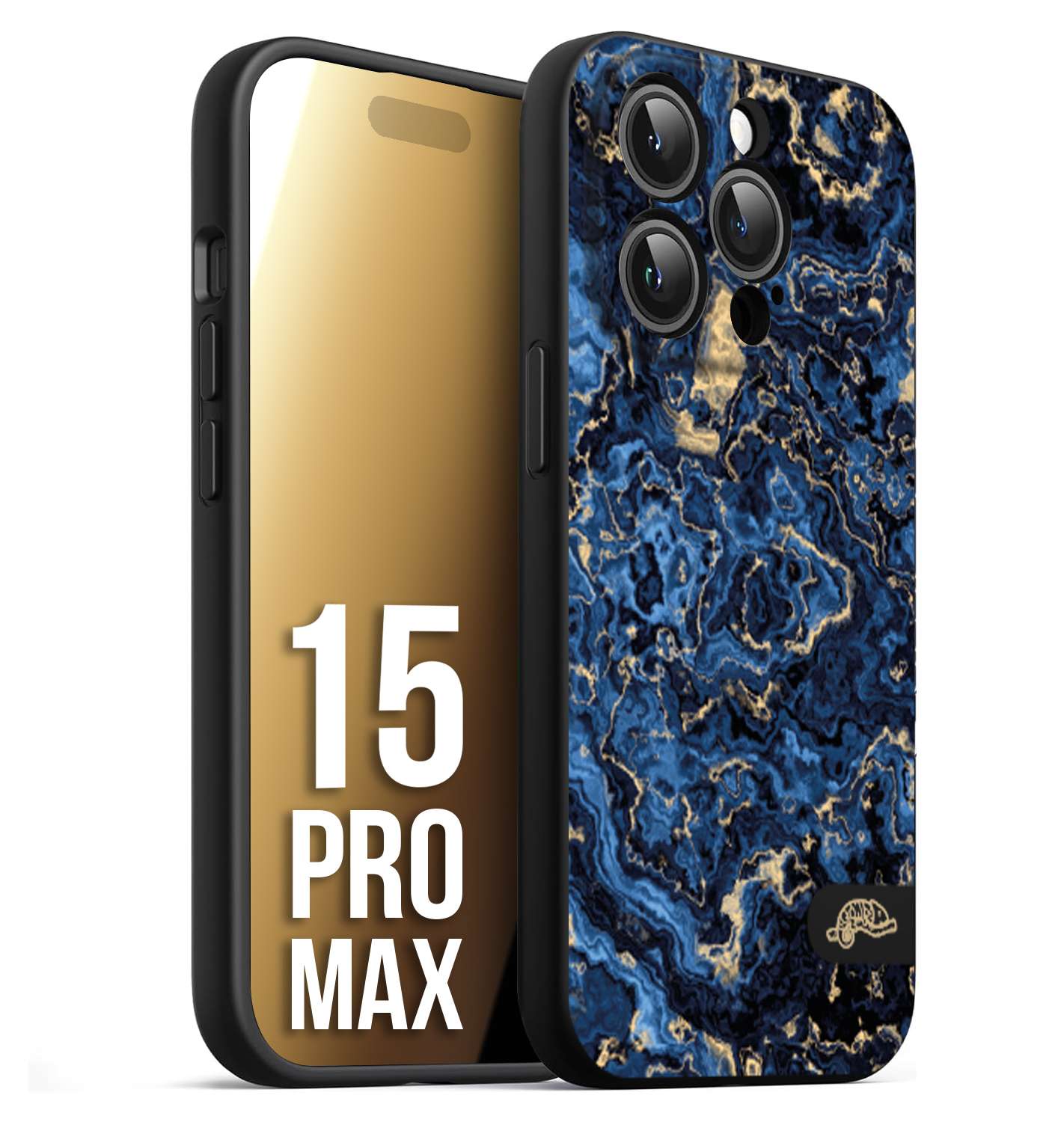 CUSTOMIZZA - Custodia cover nera morbida in tpu compatibile per iPhone 15 PRO MAX effetto marmo marble blu venature dorato psichedelico