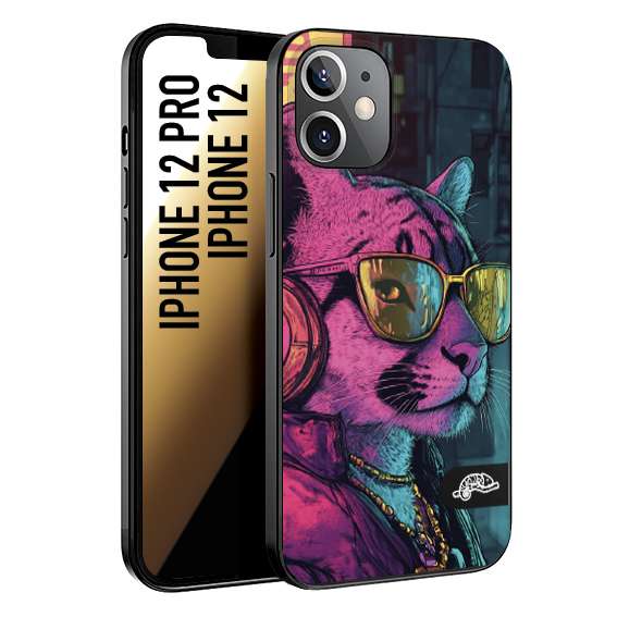 CUSTOMIZZA - Custodia cover nera morbida in tpu compatibile per iPhone 12 - 12 PRO animali cyberpunk pantera street cat fucsia blu giallo