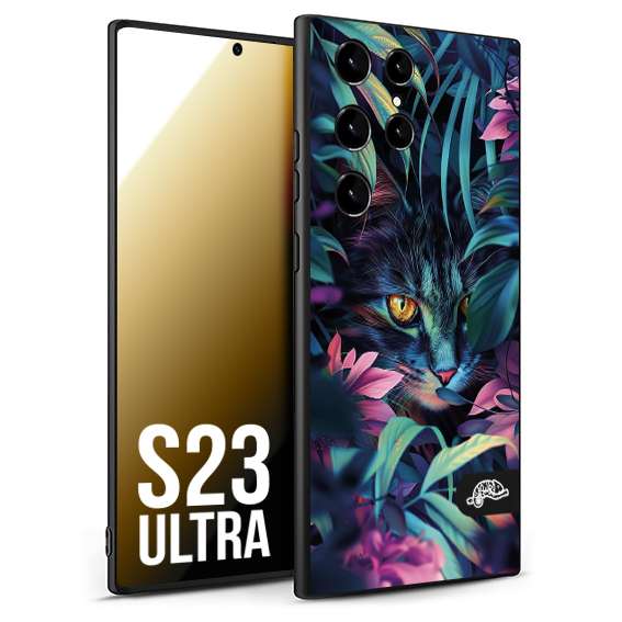 CUSTOMIZZA - Custodia cover nera morbida in tpu compatibile per Samsung S23 ULTRA animali color giungla tropicale occhio di gatto colori vibranti disegnato