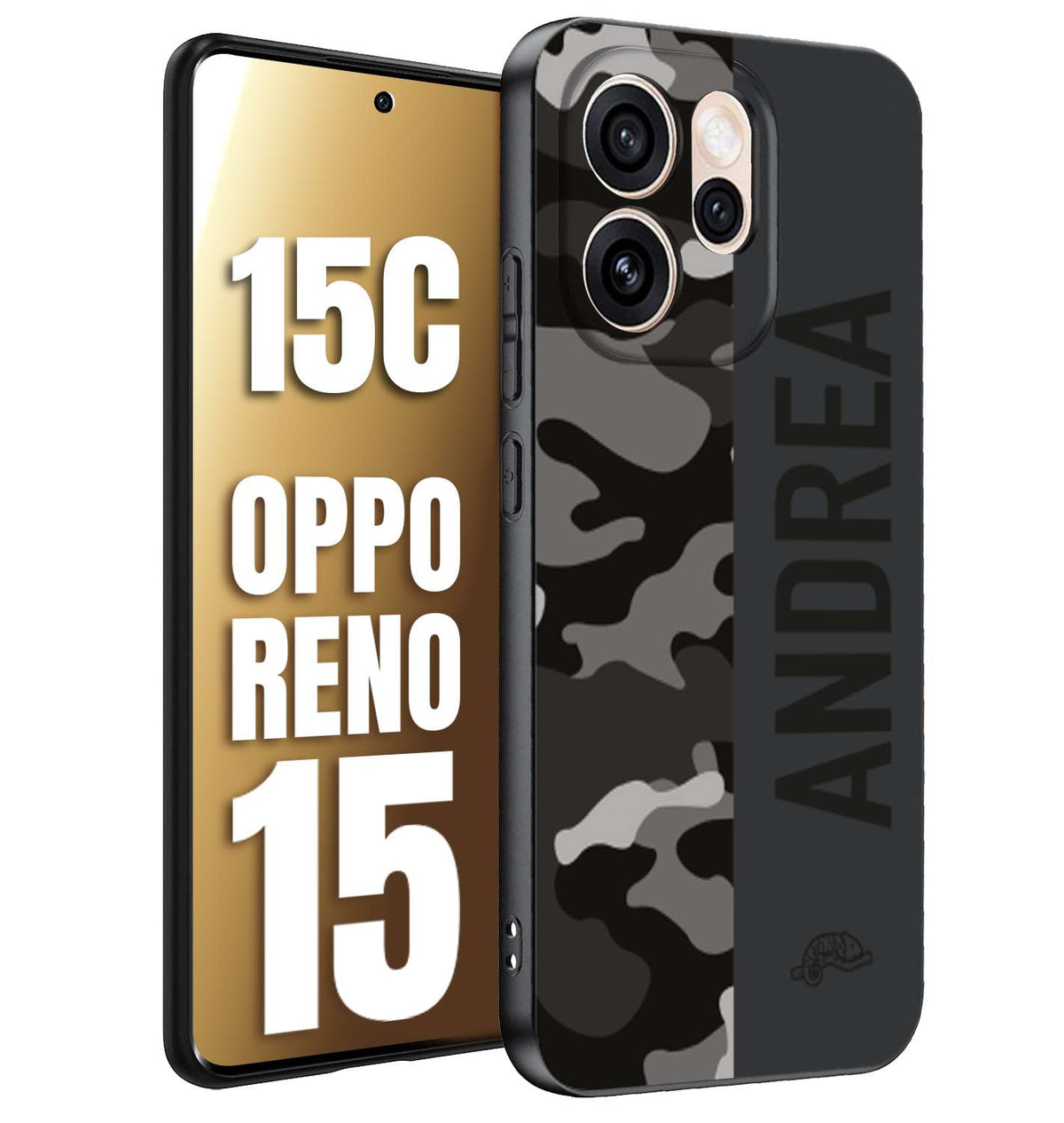CUSTOMIZZA - Custodia cover nera morbida in tpu compatibile per Oppo Reno 15 - Reno 15Ccamouflage mimetico militare personalizzata nome