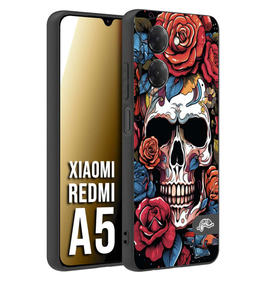 CUSTOMIZZA - Custodia cover nera morbida in tpu compatibile per Xiaomi Redmi A5 teschio skull flowers fiori rose rosse tattoo disegnato
