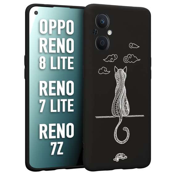 CUSTOMIZZA - Custodia cover nera morbida in tpu compatibile per Oppo Reno 7 Lite - 8 Lite - 7Z gatto mandala stilizzato gattino a rilievo soft touch donna bianca