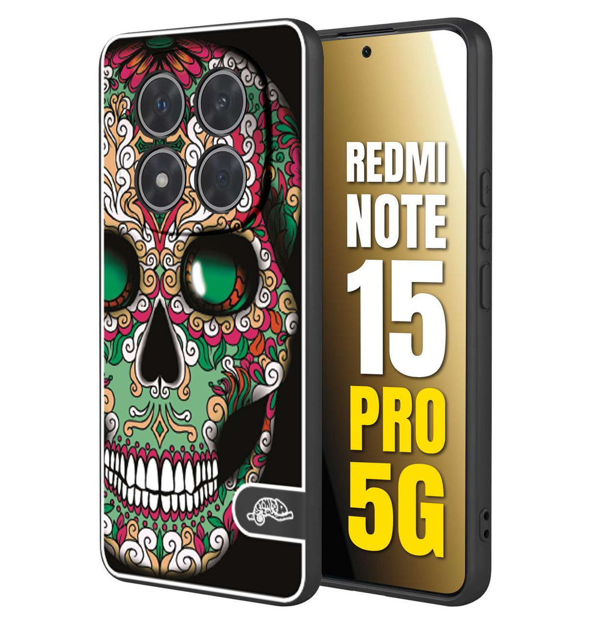 CUSTOMIZZA - Custodia cover nera morbida in tpu compatibile per Xiaomi Redmi Note 15 PRO 5G teschio messicano Mexican skull verde fucsia