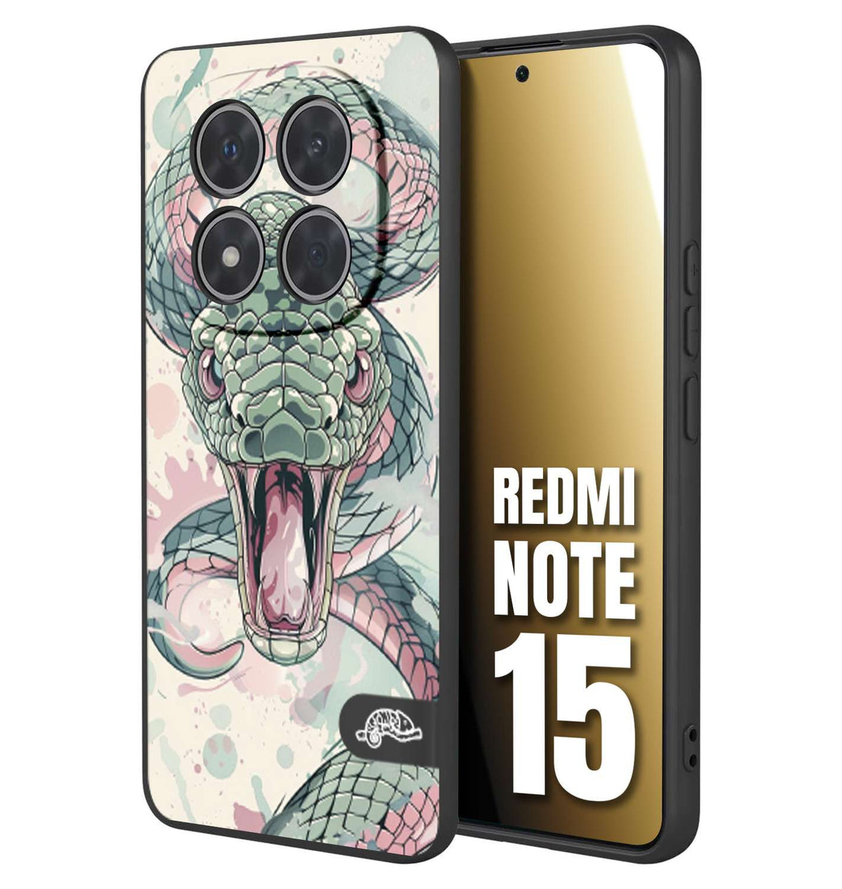 CUSTOMIZZA - Custodia cover nera morbida in tpu compatibile per Xiaomi Redmi Note 15 snake pink green serpente tatuaggio tattoo disegnato a mano