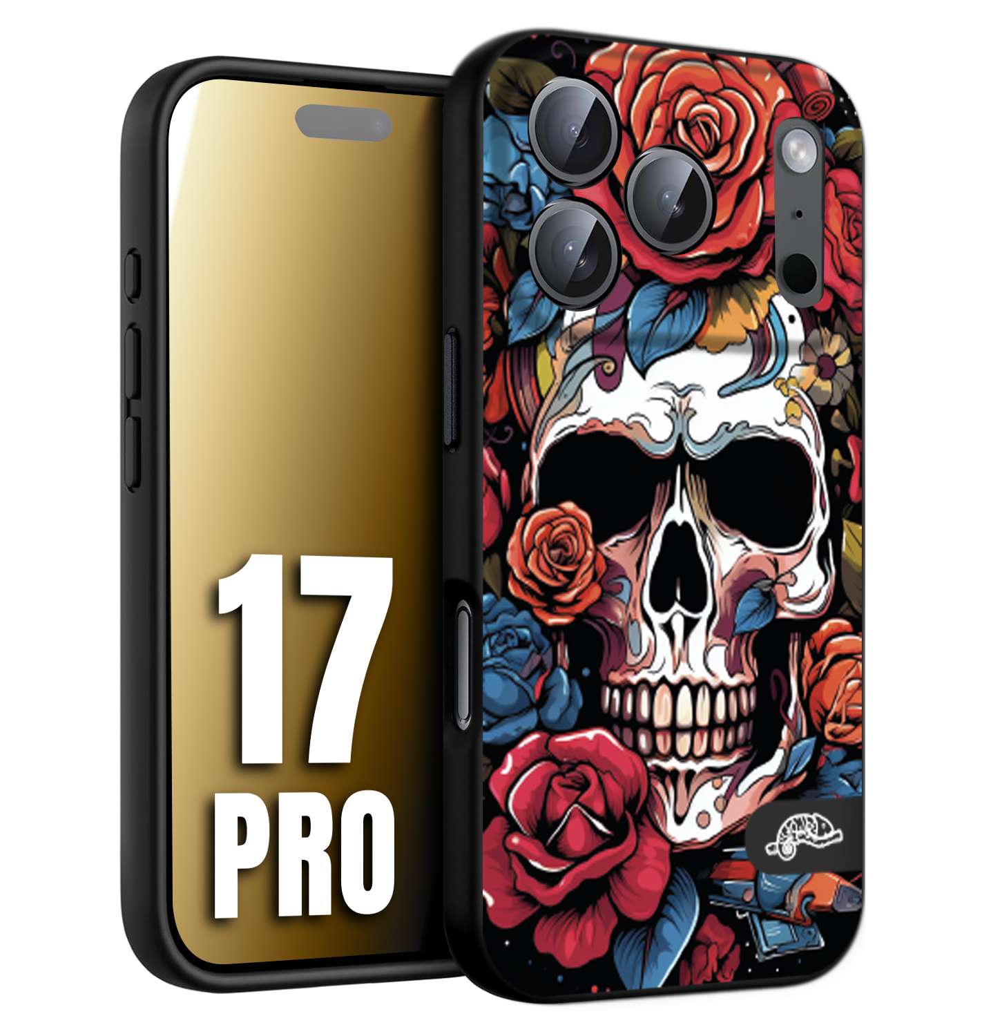CUSTOMIZZA - Custodia cover nera morbida in tpu compatibile per iPhone 17 PRO teschio skull flowers fiori rose rosse tattoo disegnato