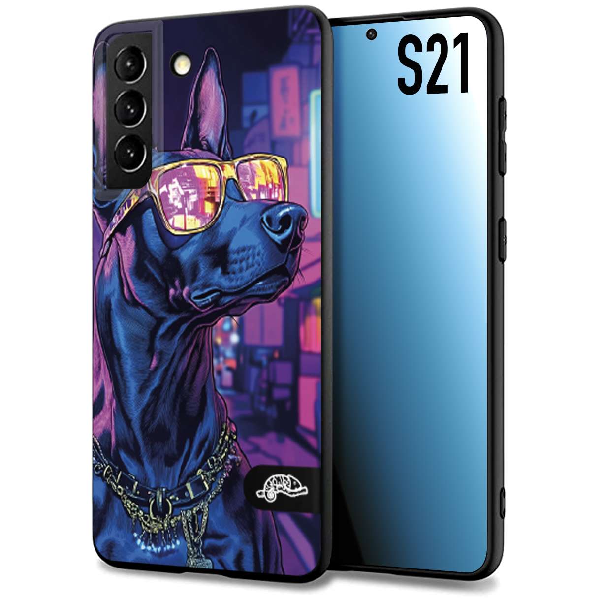 CUSTOMIZZA - Custodia cover nera morbida in tpu compatibile per Samsung S21 animali cyberpunk dobermann cane street dog fucsia blu night