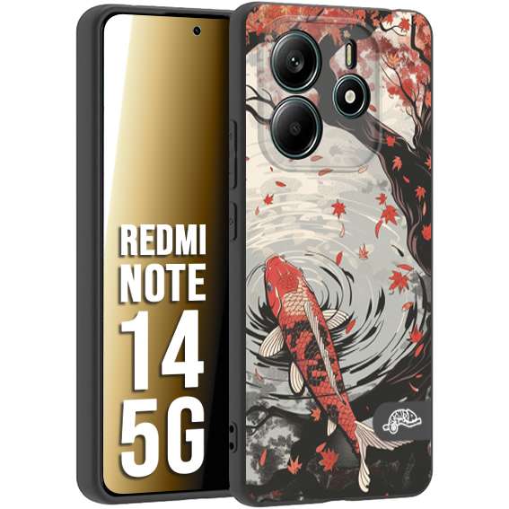 CUSTOMIZZA - Custodia cover nera morbida in tpu compatibile per Xiaomi Redmi Note 14 5G giapponese lago carpa koi rossa con foglie d'acero rosso disegnata tattoo