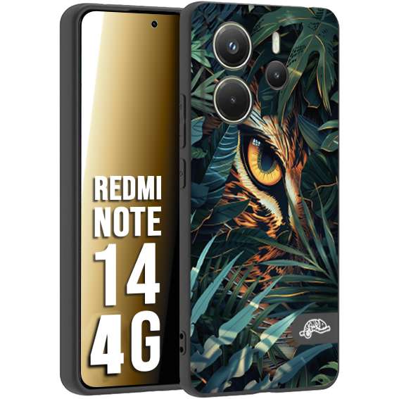 CUSTOMIZZA - Custodia cover nera morbida in tpu compatibile per Xiaomi Redmi Note 14 4G animali color giungla tropicale occhio di giaguaro felino disegnato