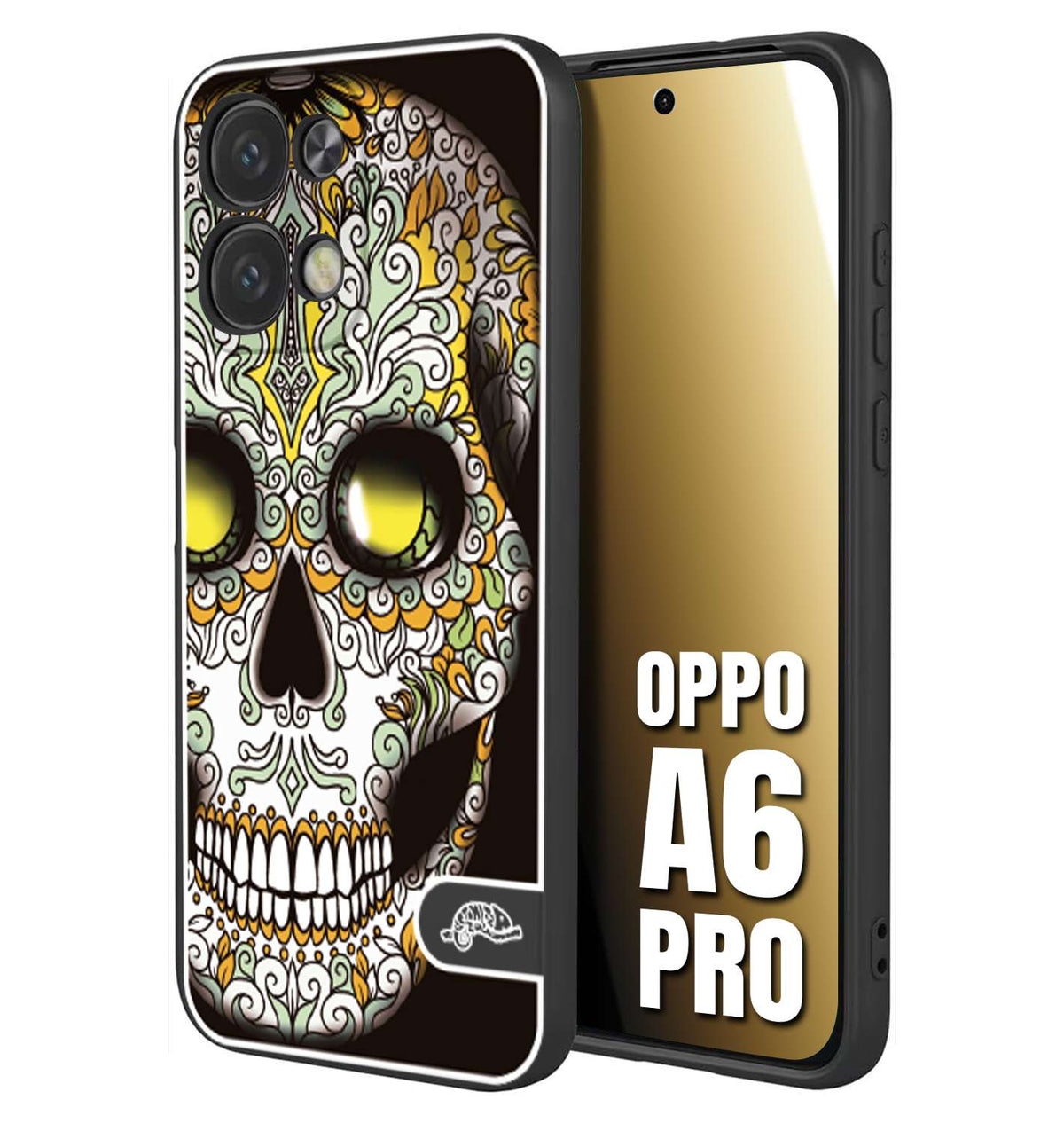 CUSTOMIZZA - Custodia cover nera morbida in tpu compatibile per Oppo A6 PRO teschio messicano Mexican skull bianco verde giallo
