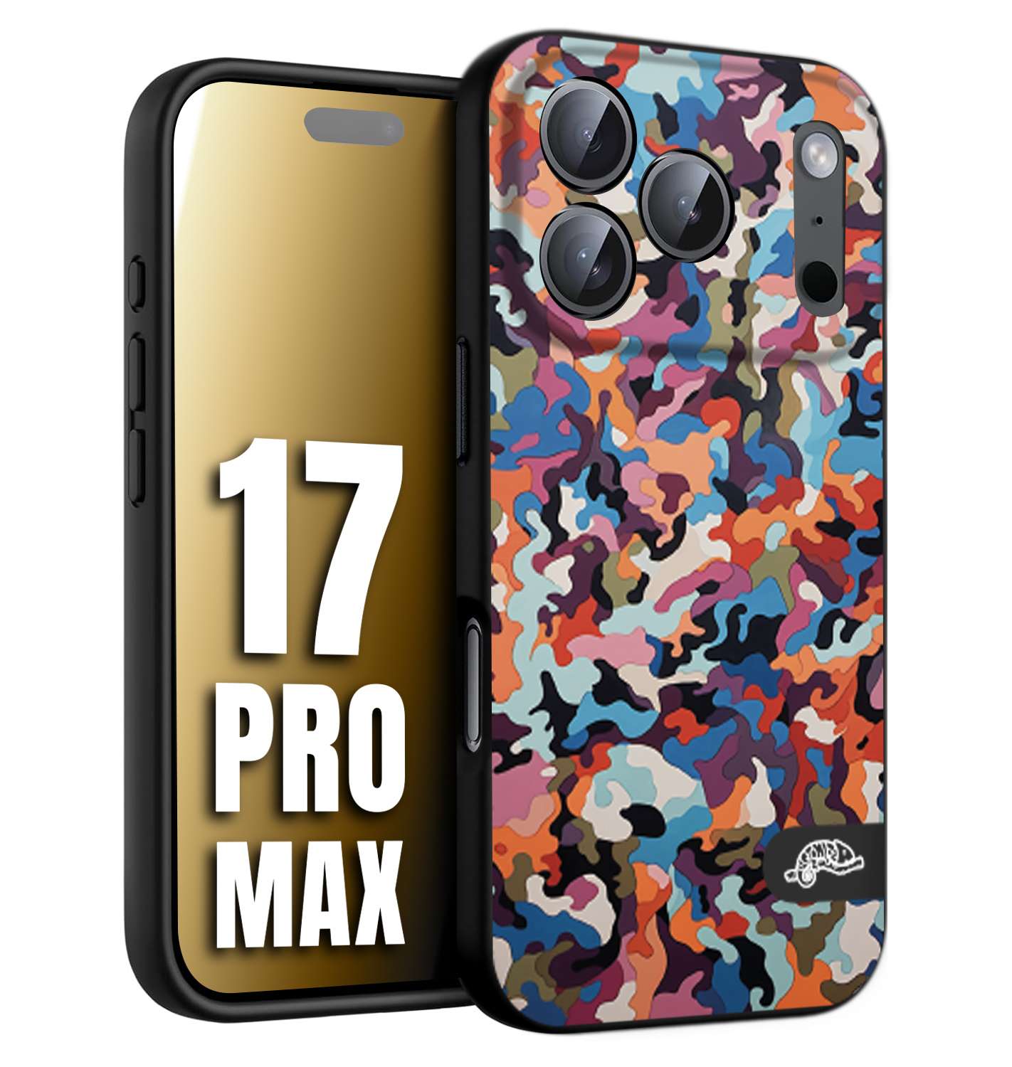 CUSTOMIZZA - Custodia cover nera morbida in tpu compatibile per iPhone 17 PRO MAX camouflage mimetico militare moderno blu arancio rosa