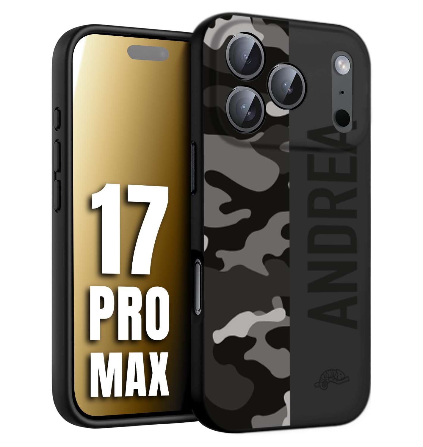 CUSTOMIZZA - Custodia cover nera morbida in tpu compatibile per iPhone 17 PRO MAX camouflage mimetico militare personalizzata nome