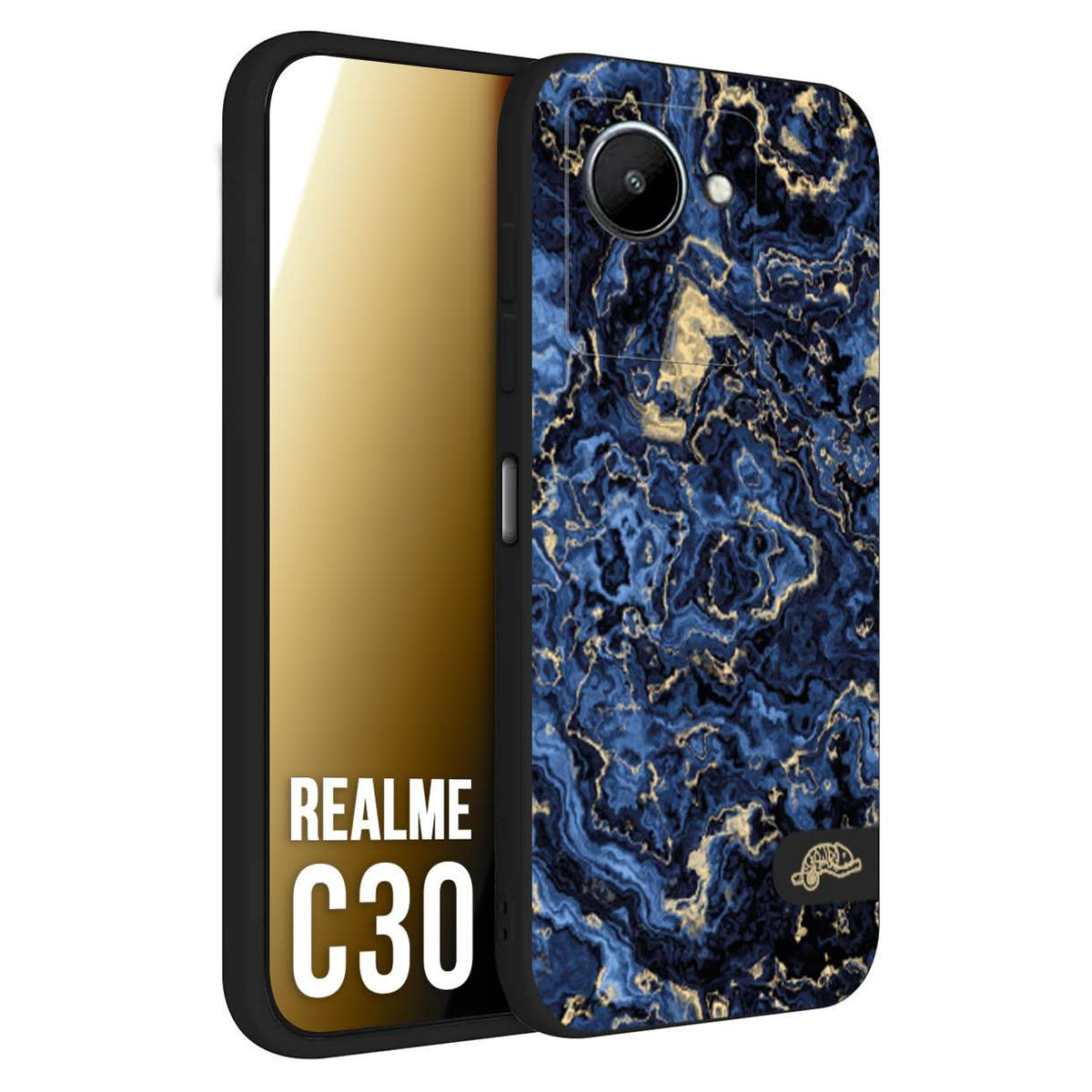 CUSTOMIZZA - Custodia cover nera morbida in tpu compatibile per Realme C30 effetto marmo marble blu venature dorato psichedelico