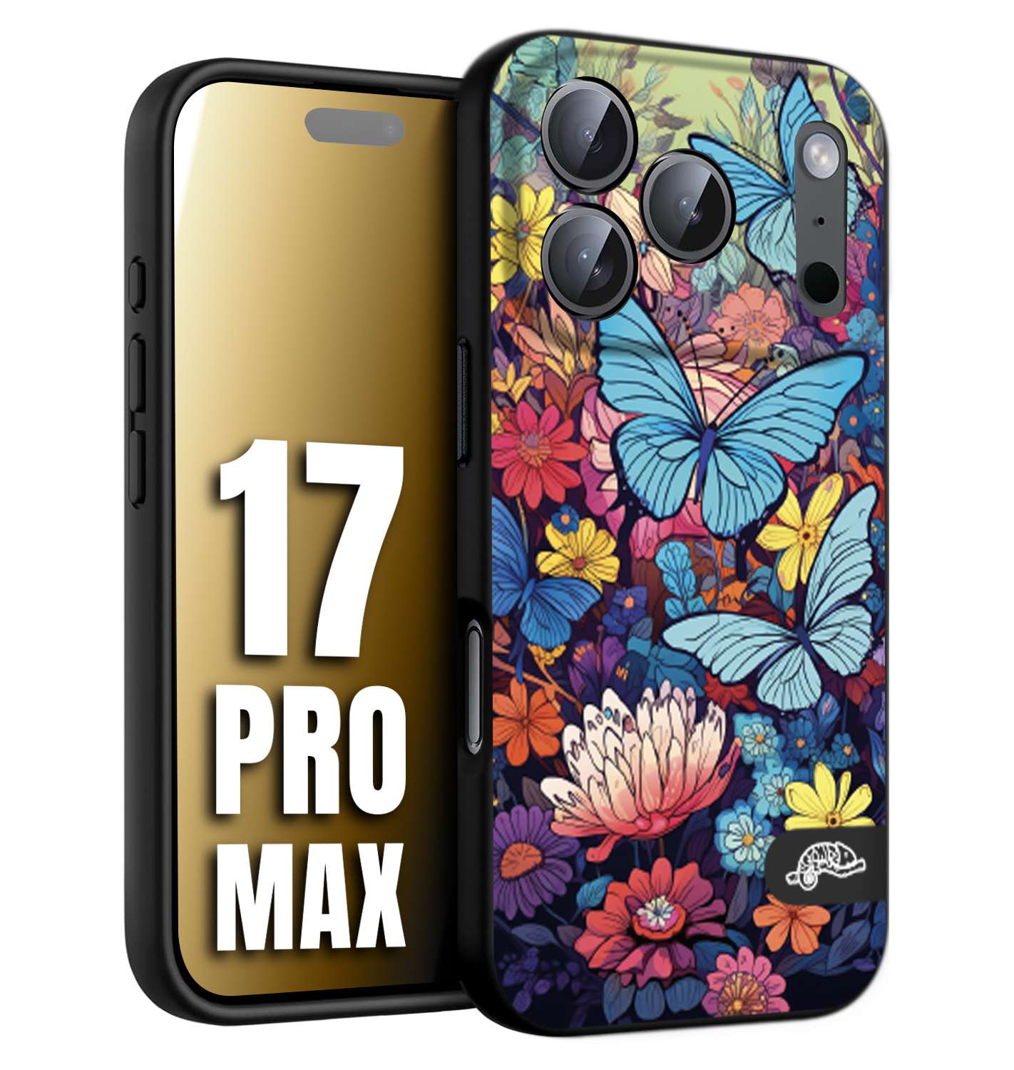 CUSTOMIZZA - Custodia cover nera morbida in tpu compatibile per iPhone 17 PRO MAX farfalle butterfly moderno donna disegnate gialla blu rosa