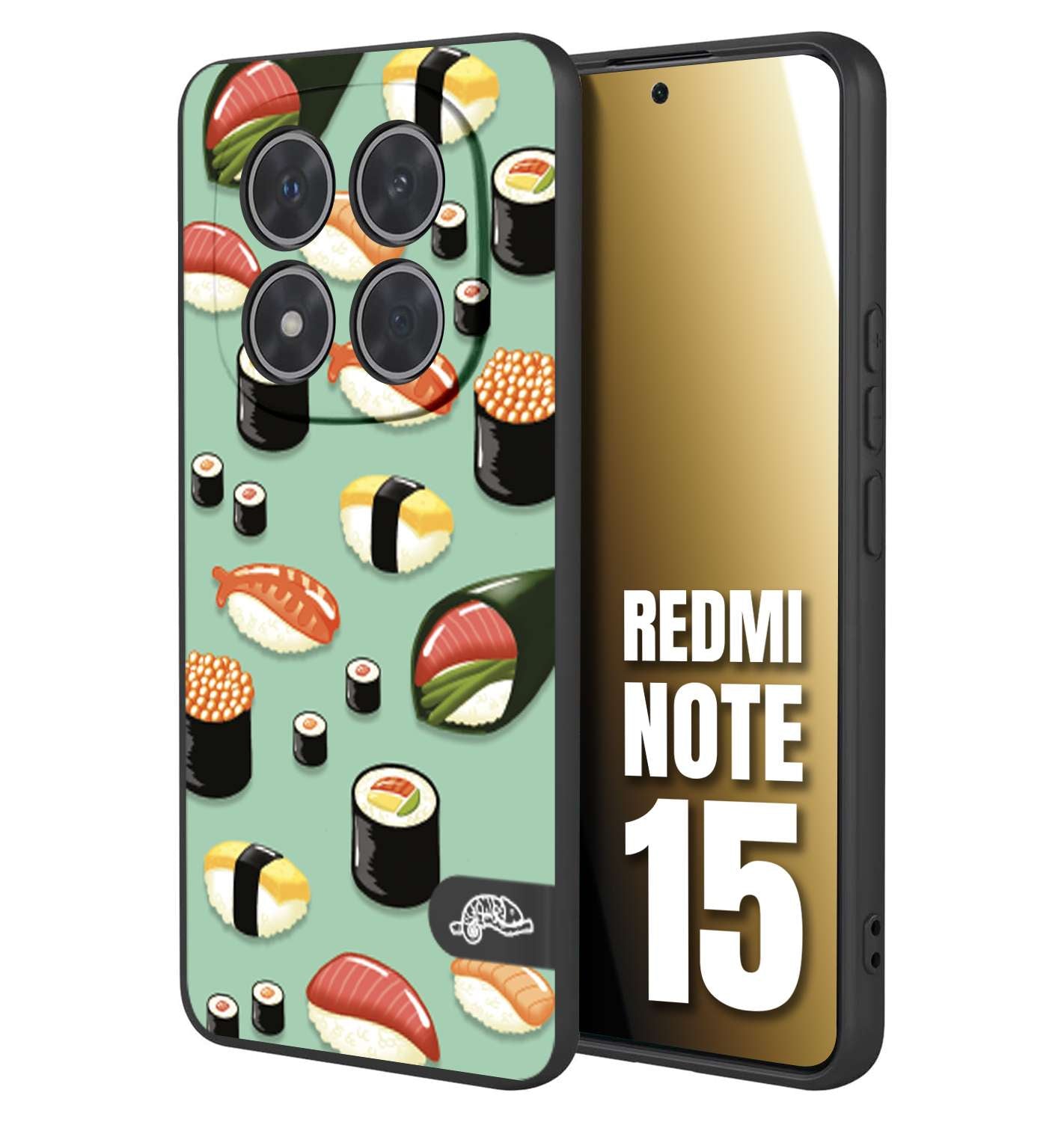 CUSTOMIZZA - Custodia cover nera morbida in tpu compatibile per Xiaomi Redmi Note 15 sushi disegni giapponese nighiri acquamarina verde