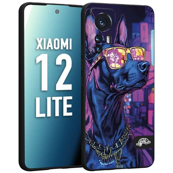 CUSTOMIZZA - Custodia cover nera morbida in tpu compatibile per Xiaomi 12 LITE animali cyberpunk dobermann cane street dog fucsia blu night
