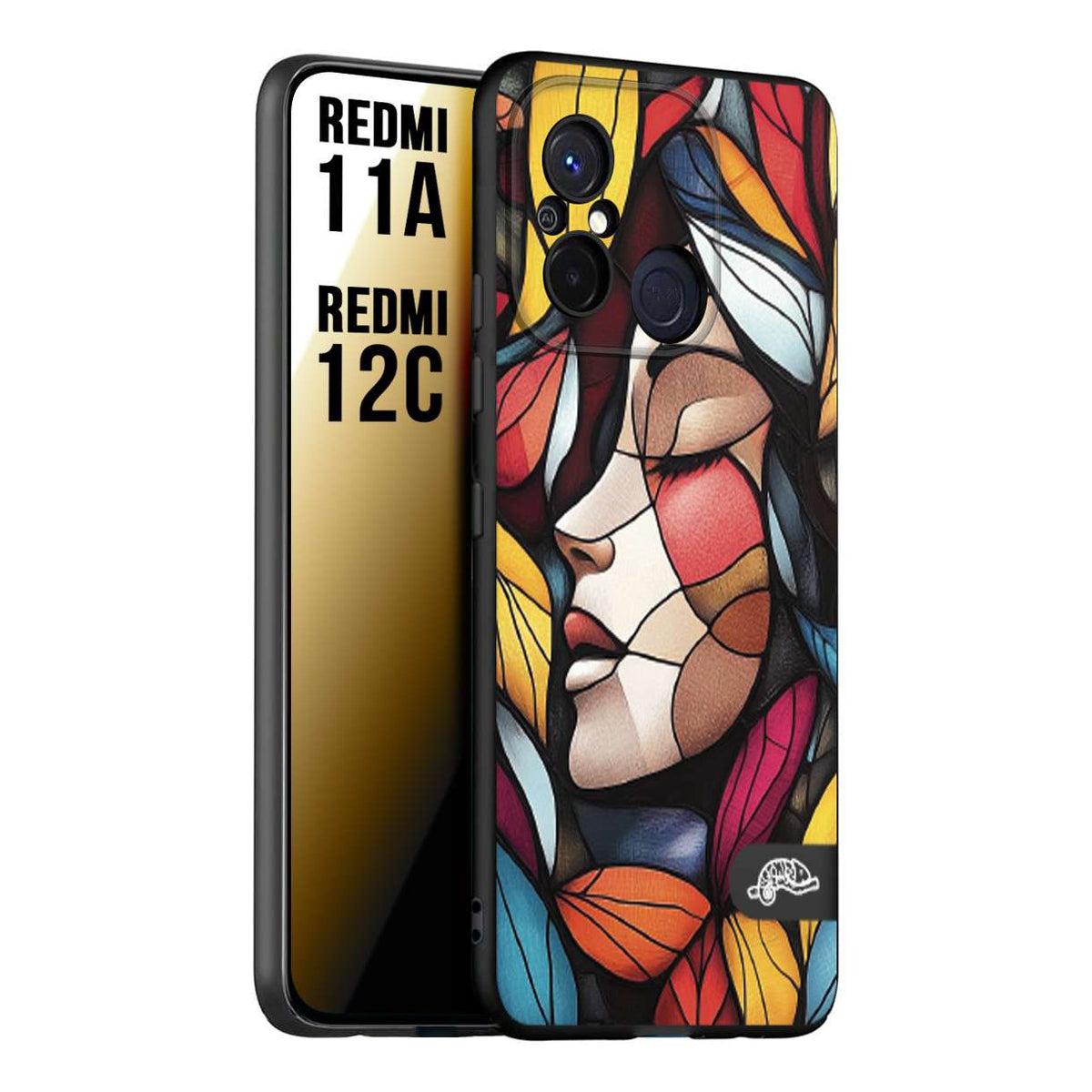CUSTOMIZZA - Custodia cover nera morbida in tpu compatibile per Xiaomi Redmi 11A - 12C Vetrata artistica volto di donna profilo fogliare mosaico di vetro colorato