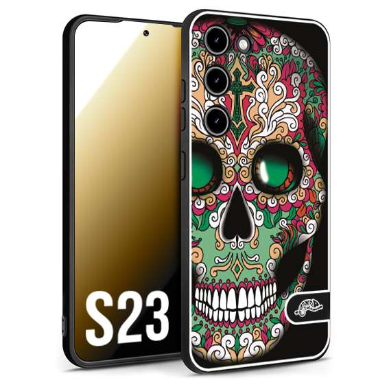 CUSTOMIZZA - Custodia cover nera morbida in tpu compatibile per Samsung S23 teschio messicano Mexican skull verde fucsia