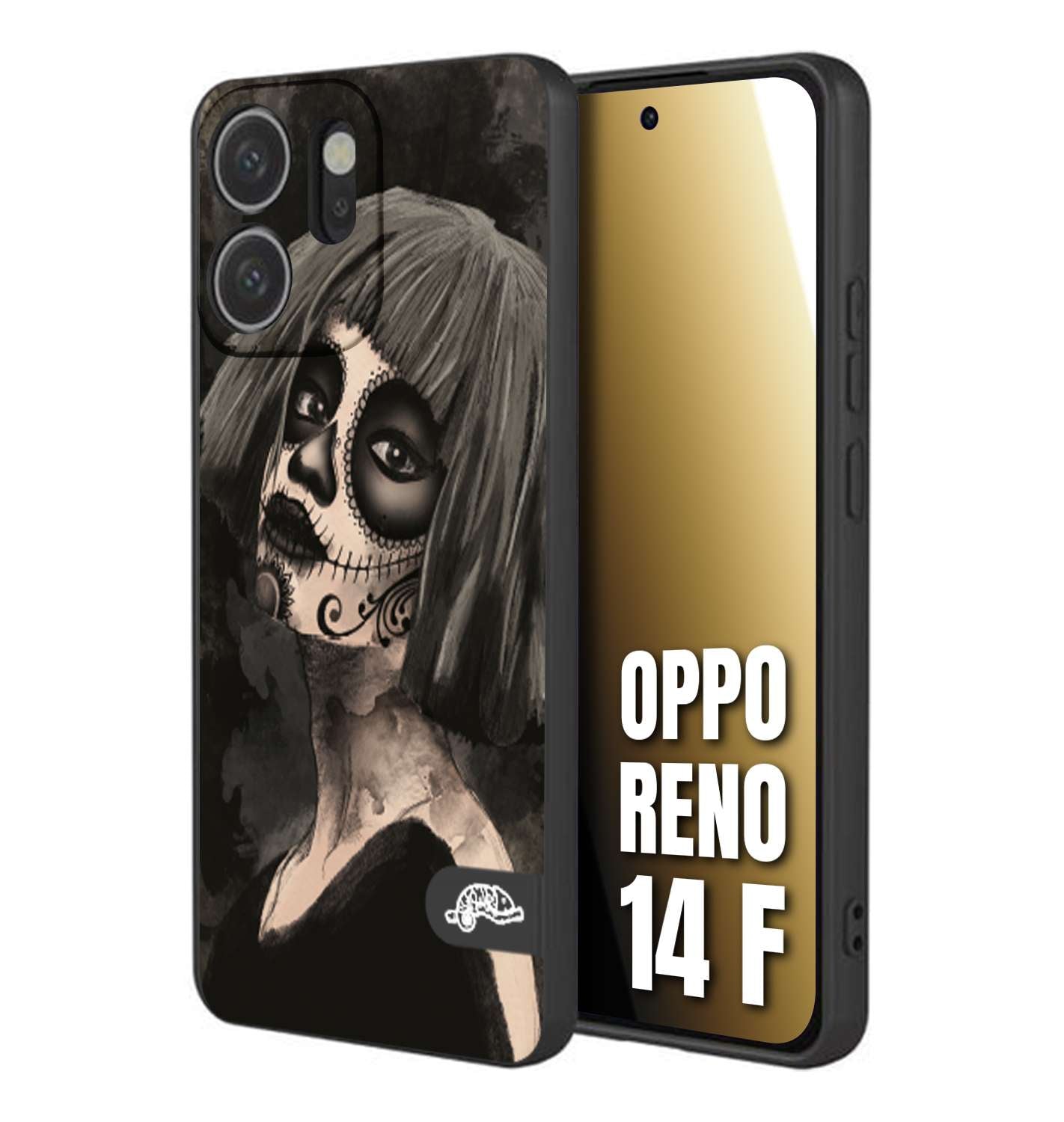 CUSTOMIZZA - Custodia cover nera morbida in tpu compatibile per Oppo Reno 14 F chicana messicana dea de la muerte donna santa tattoo disegnata