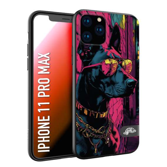 CUSTOMIZZA - Custodia cover nera morbida in tpu compatibile per iPhone 11 PRO MAX animali cyberpunk dobermann cane street dog fucsia blu