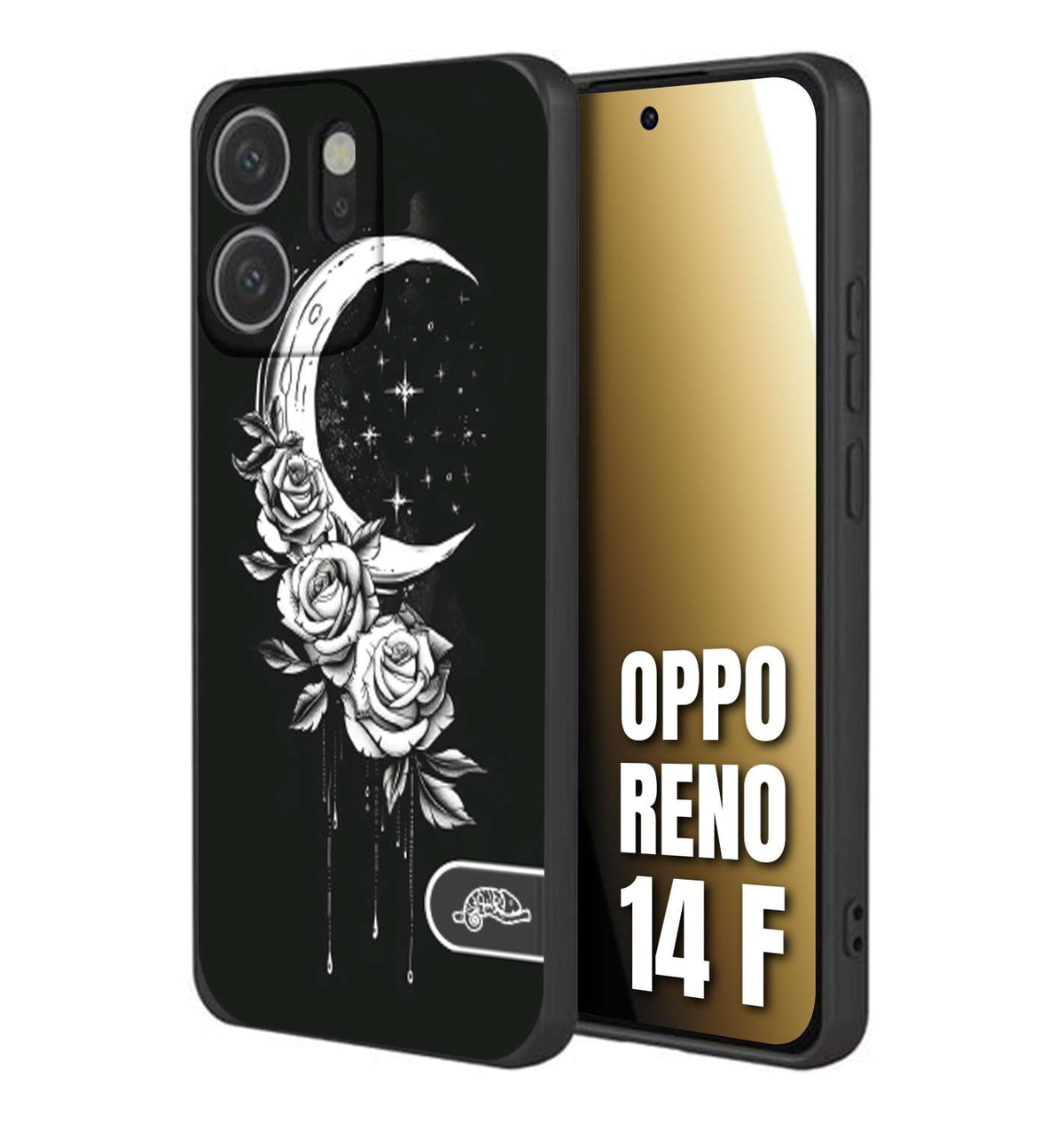 CUSTOMIZZA - Custodia cover nera morbida in tpu compatibile per Oppo Reno 14 F luna e fiori moon flowers black and white bianco a rilievo disegnato