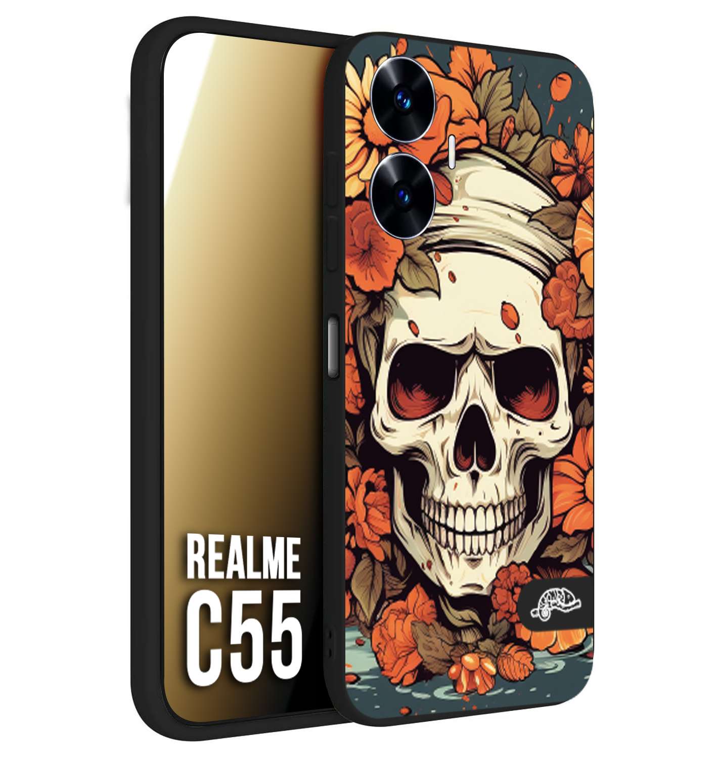 CUSTOMIZZA - Custodia cover nera morbida in tpu compatibile per Oppo C55 teschio skull flowers fiori tattoo disegnato alta definizione