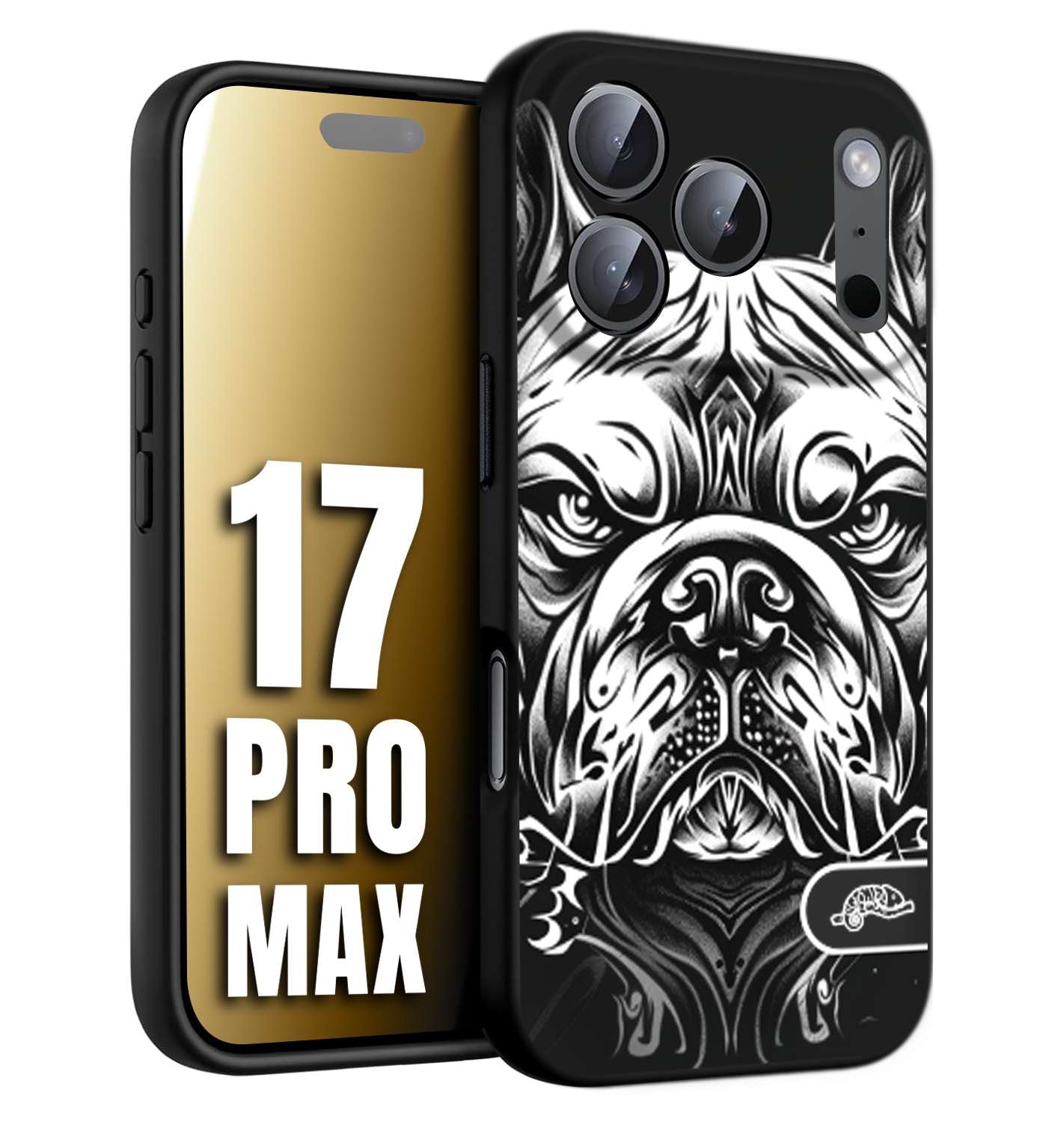 CUSTOMIZZA - Custodia cover nera morbida in tpu compatibile per iPhone 17 PRO MAX bulldog bianco a rilievo disegnato tattoo tatuaggio