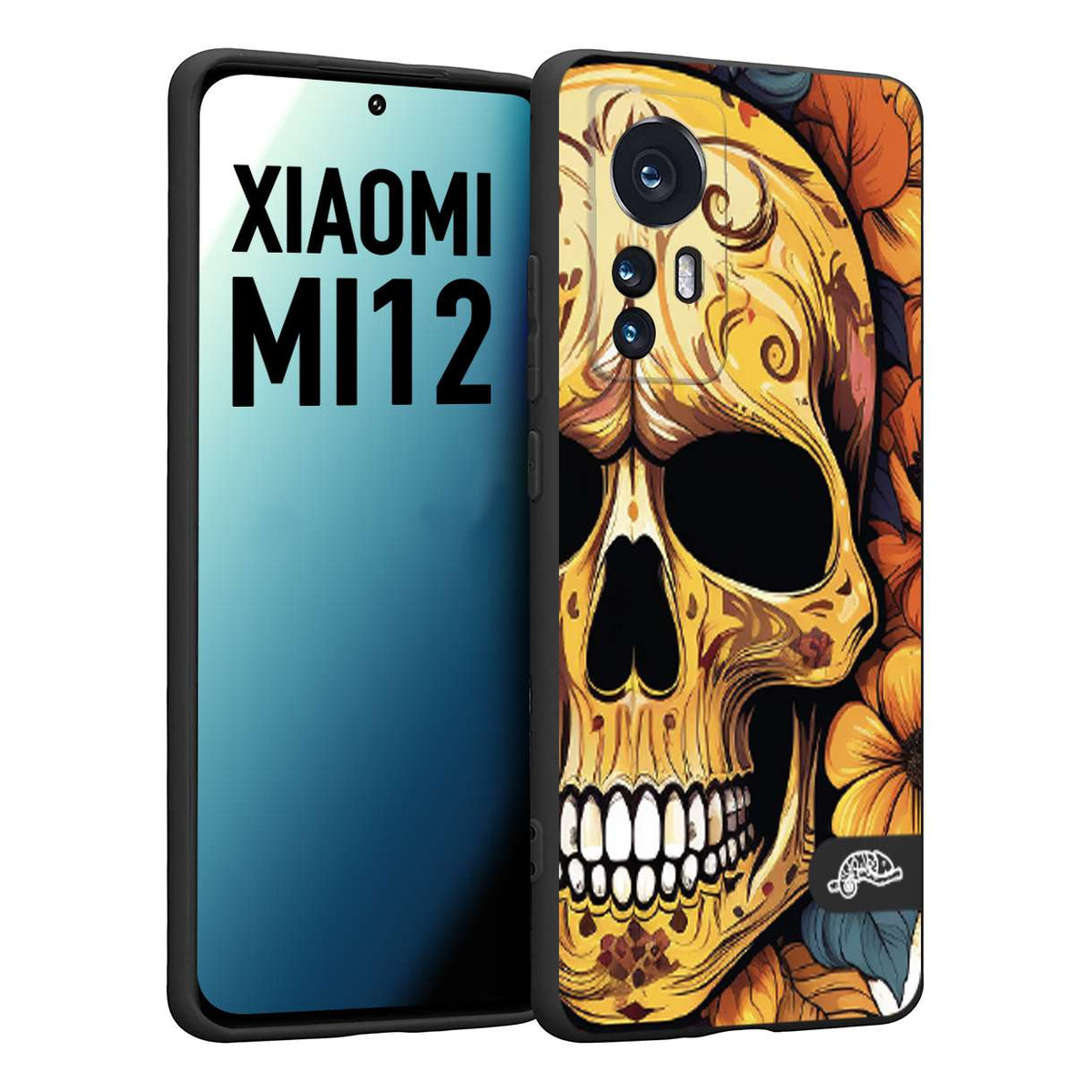 CUSTOMIZZA - Custodia cover nera morbida in tpu compatibile per Xiaomi 12 5G teschio messicano colorato dorato fiori autunnali disegnato