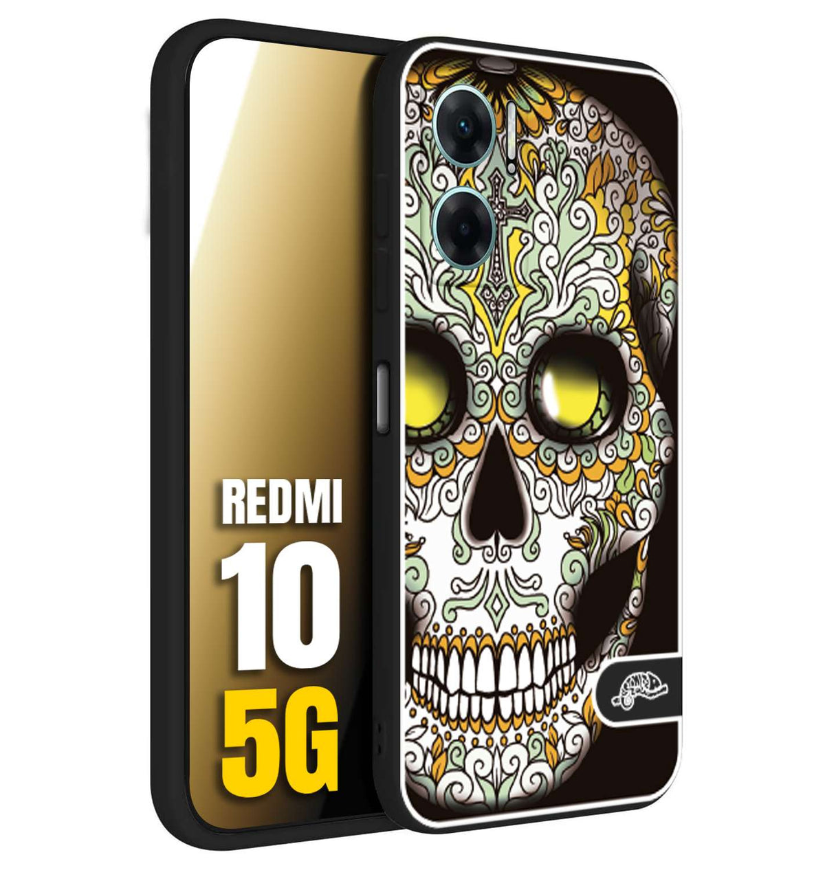 CUSTOMIZZA - Custodia cover nera morbida in tpu compatibile per Xiaomi Redmi 10 5G teschio messicano Mexican skull bianco verde giallo