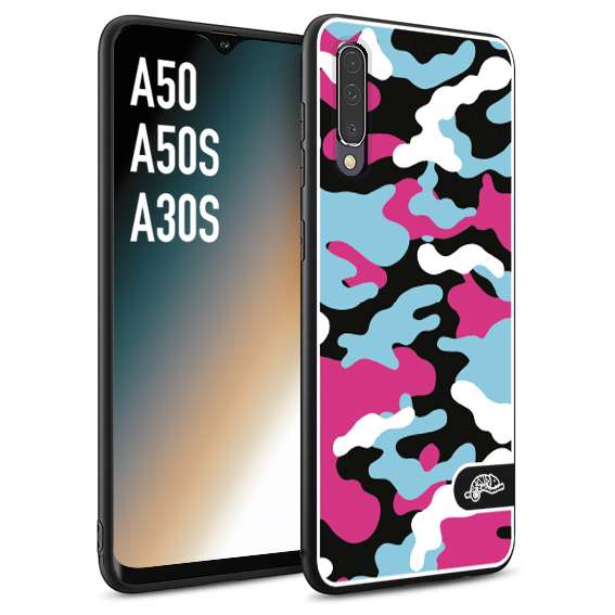 CUSTOMIZZA - Custodia cover nera morbida in tpu compatibile per Samsung A50 - A50S - A30S camouflage mimetico militare fucsia celeste