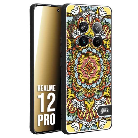 CUSTOMIZZA - Custodia cover nera morbida in tpu compatibile per Realme 12 PRO mandala colorato fiore nuvole arancione