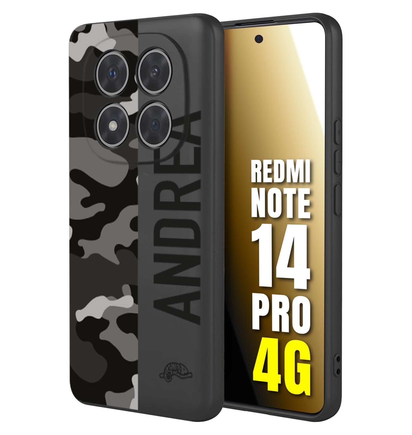 CUSTOMIZZA - Custodia cover nera morbida in tpu compatibile per Xiaomi Redmi Note 14 PRO 4G camouflage mimetico militare personalizzata nome