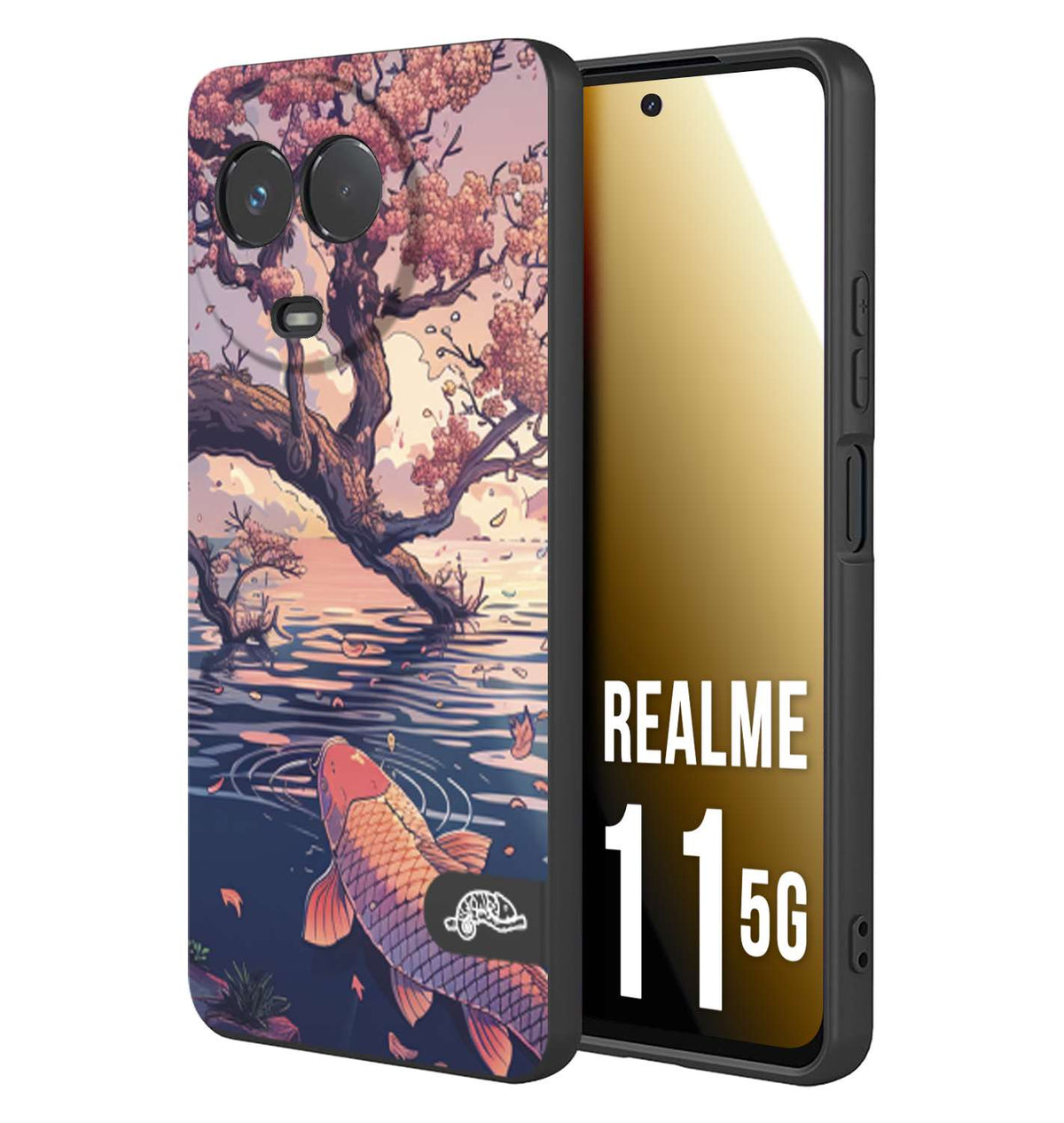 CUSTOMIZZA - Custodia cover nera morbida in tpu compatibile per Realme 11 5G giapponese lago carpa koi rosa con foglie d'acero disegnata tattoo