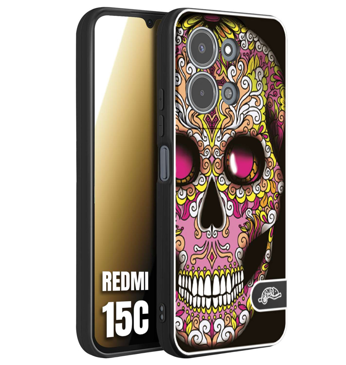 CUSTOMIZZA - Custodia cover nera morbida in tpu compatibile per Xiaomi Redmi 15C teschio messicano Mexican skull rosa gialla