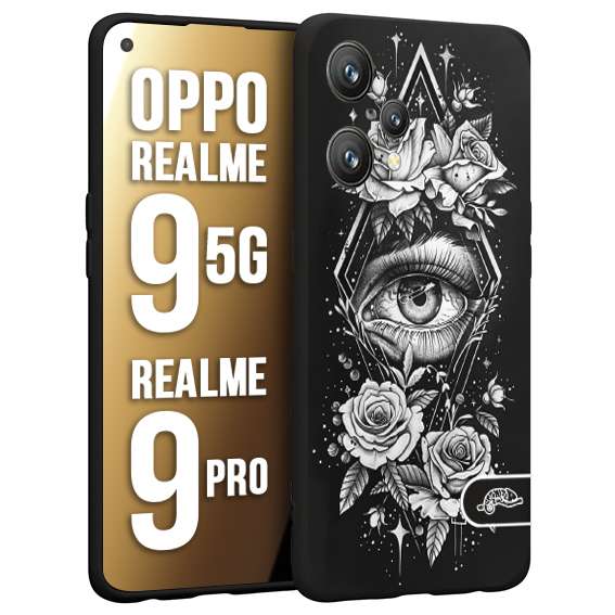 CUSTOMIZZA - Custodia cover nera morbida in tpu compatibile per Oppo Realme 9 5G - 9 PRO occhio fiori rombo geometrico black and white bianco a rilievo disegnato tattoo tatuaggio