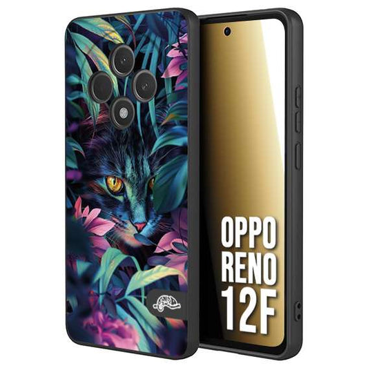 CUSTOMIZZA - Custodia cover nera morbida in tpu compatibile per Oppo Reno 12F animali color giungla tropicale occhio di gatto colori vibranti disegnato