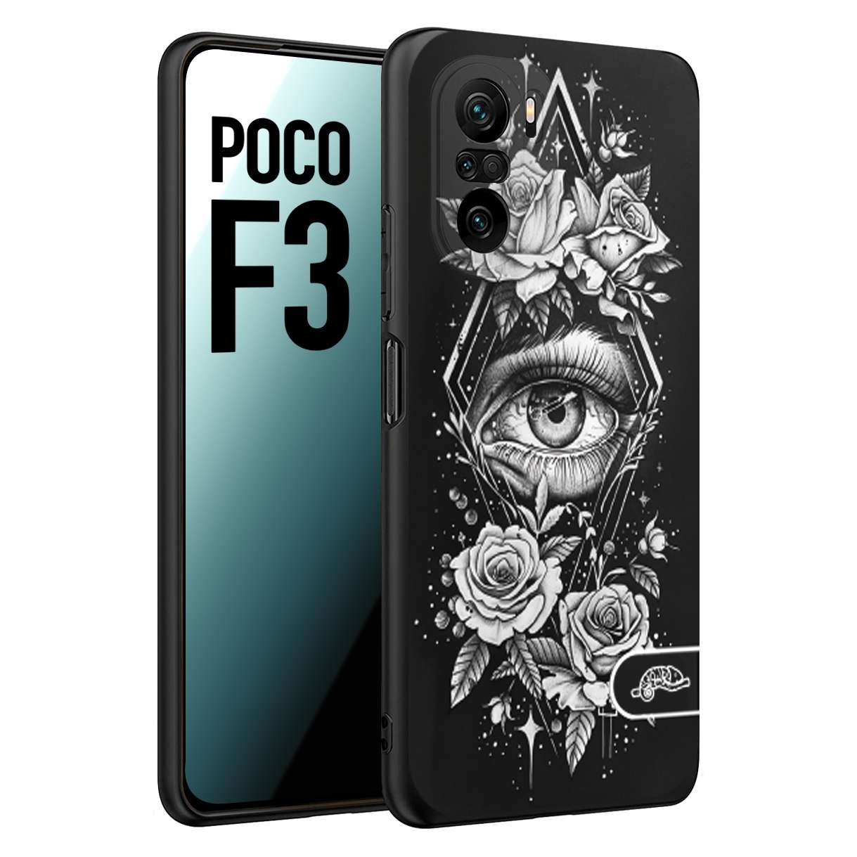 CUSTOMIZZA - Custodia cover nera morbida in tpu compatibile per Xiaomi Poco F3 occhio fiori rombo geometrico black and white bianco a rilievo disegnato tattoo tatuaggio