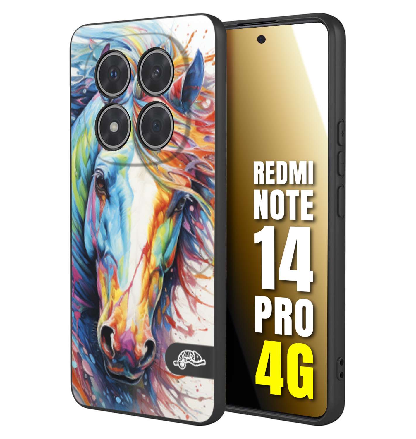 CUSTOMIZZA - Custodia cover nera morbida in tpu compatibile per Xiaomi Redmi Note 14 PRO 4G animali color cavallo horse viso colori vibranti disegnato schizzo