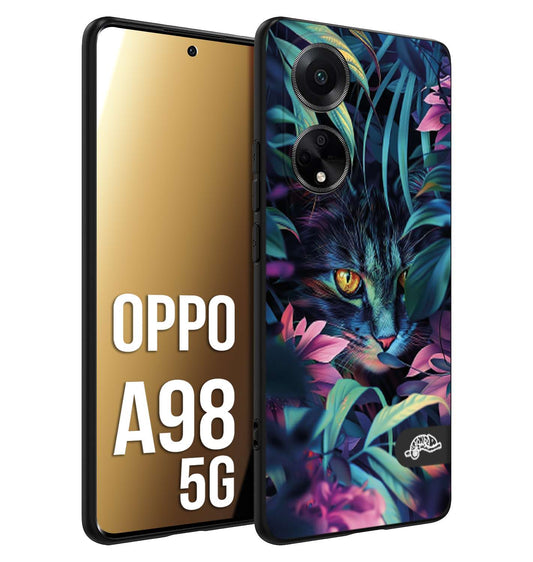 CUSTOMIZZA - Custodia cover nera morbida in tpu compatibile per Oppo A98 5G animali color giungla tropicale occhio di gatto colori vibranti disegnato